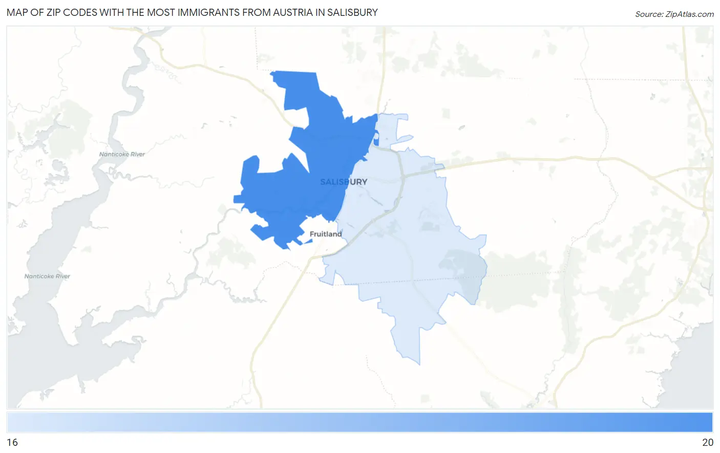 Zip Codes with the Most Immigrants from Austria in Salisbury Map