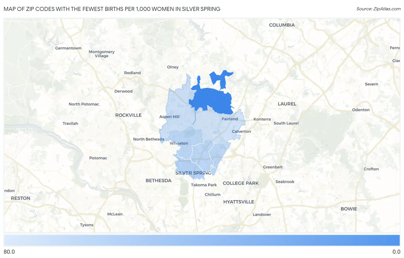 Zip Codes with the Fewest Births per 1,000 Women in Silver Spring Map