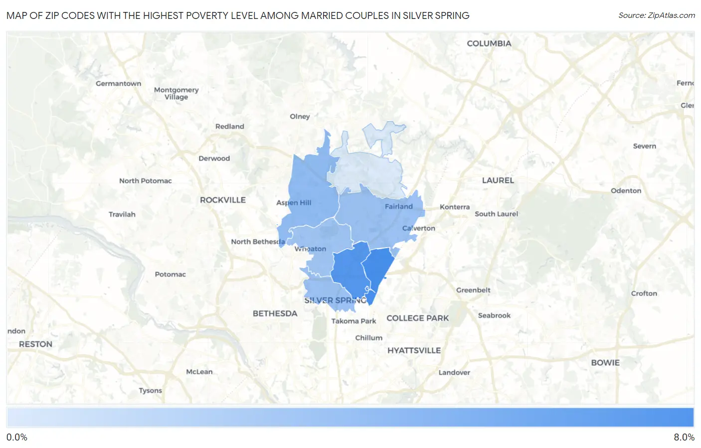 Zip Codes with the Highest Poverty Level Among Married Couples in Silver Spring Map