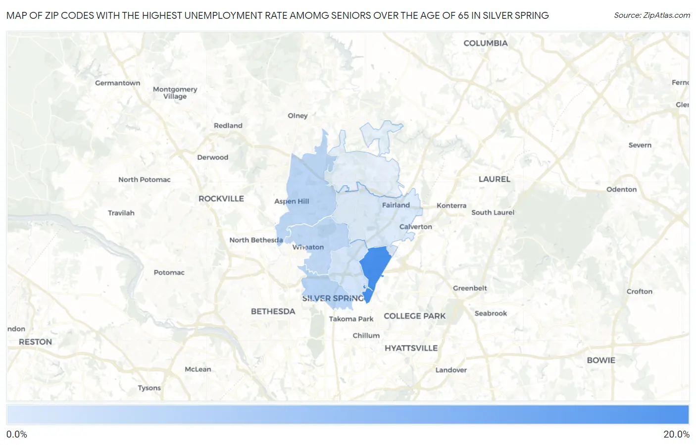 Zip Codes with the Highest Unemployment Rate Amomg Seniors Over the Age of 65 in Silver Spring Map