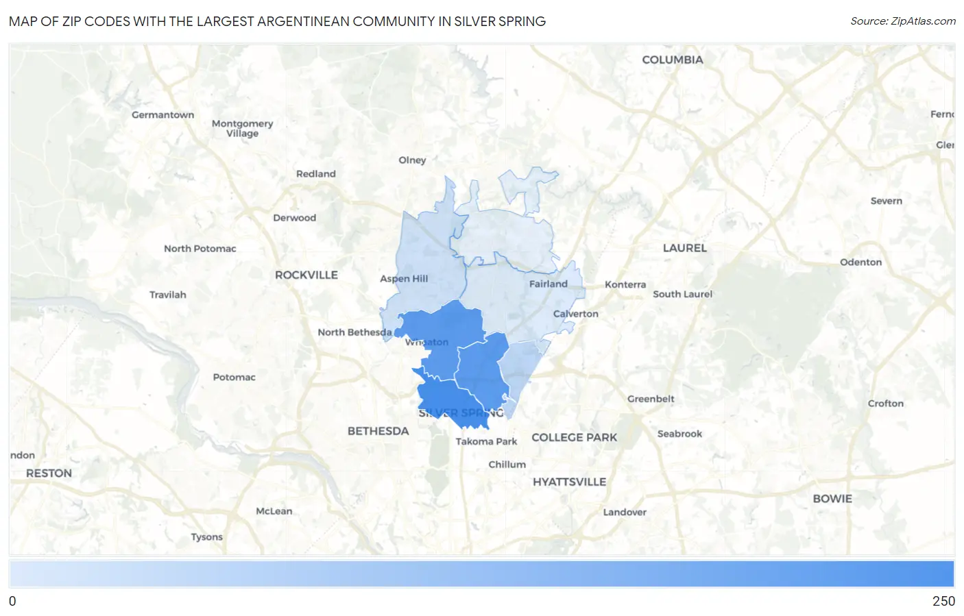 Zip Codes with the Largest Argentinean Community in Silver Spring Map