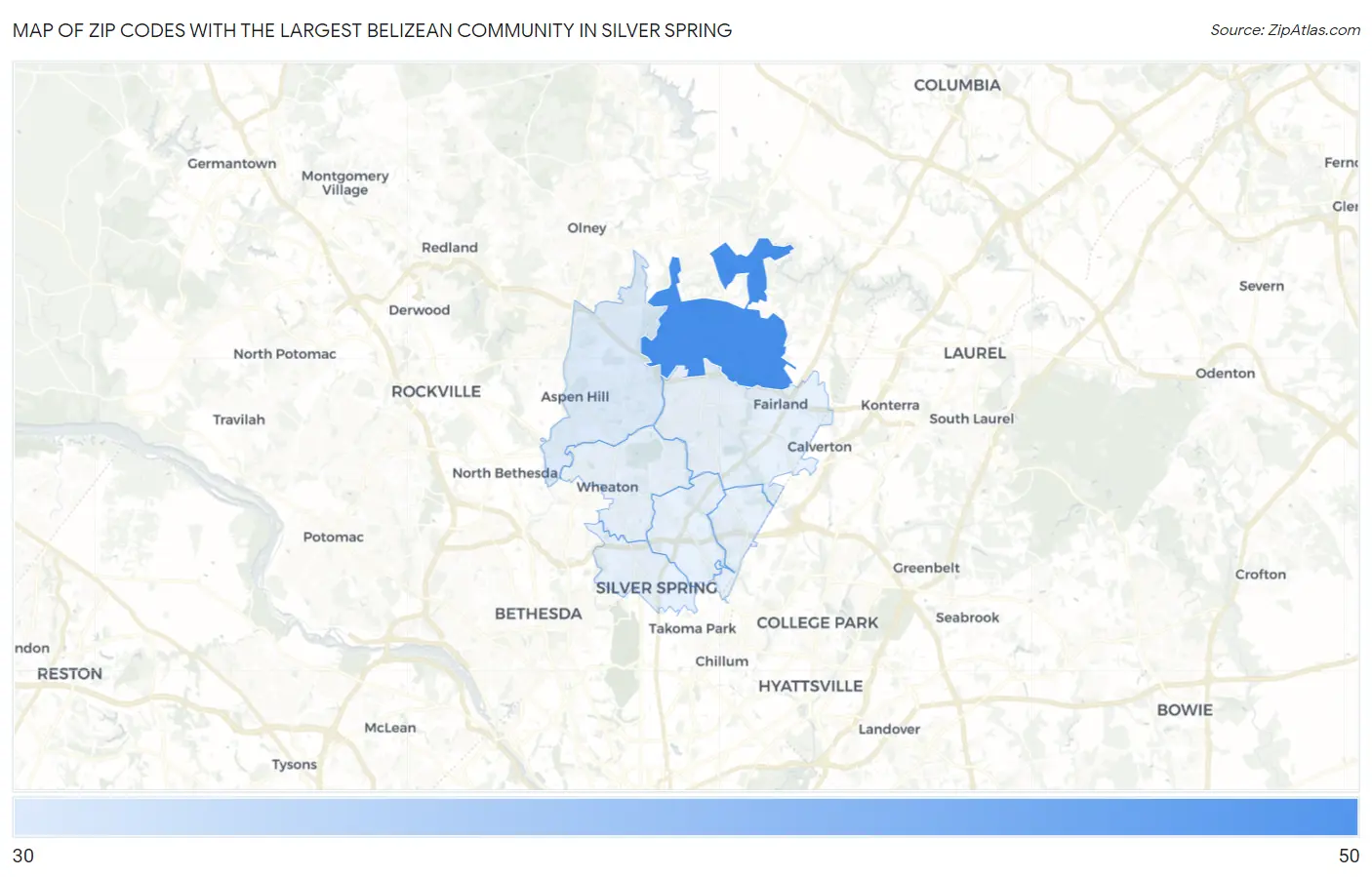 Zip Codes with the Largest Belizean Community in Silver Spring Map