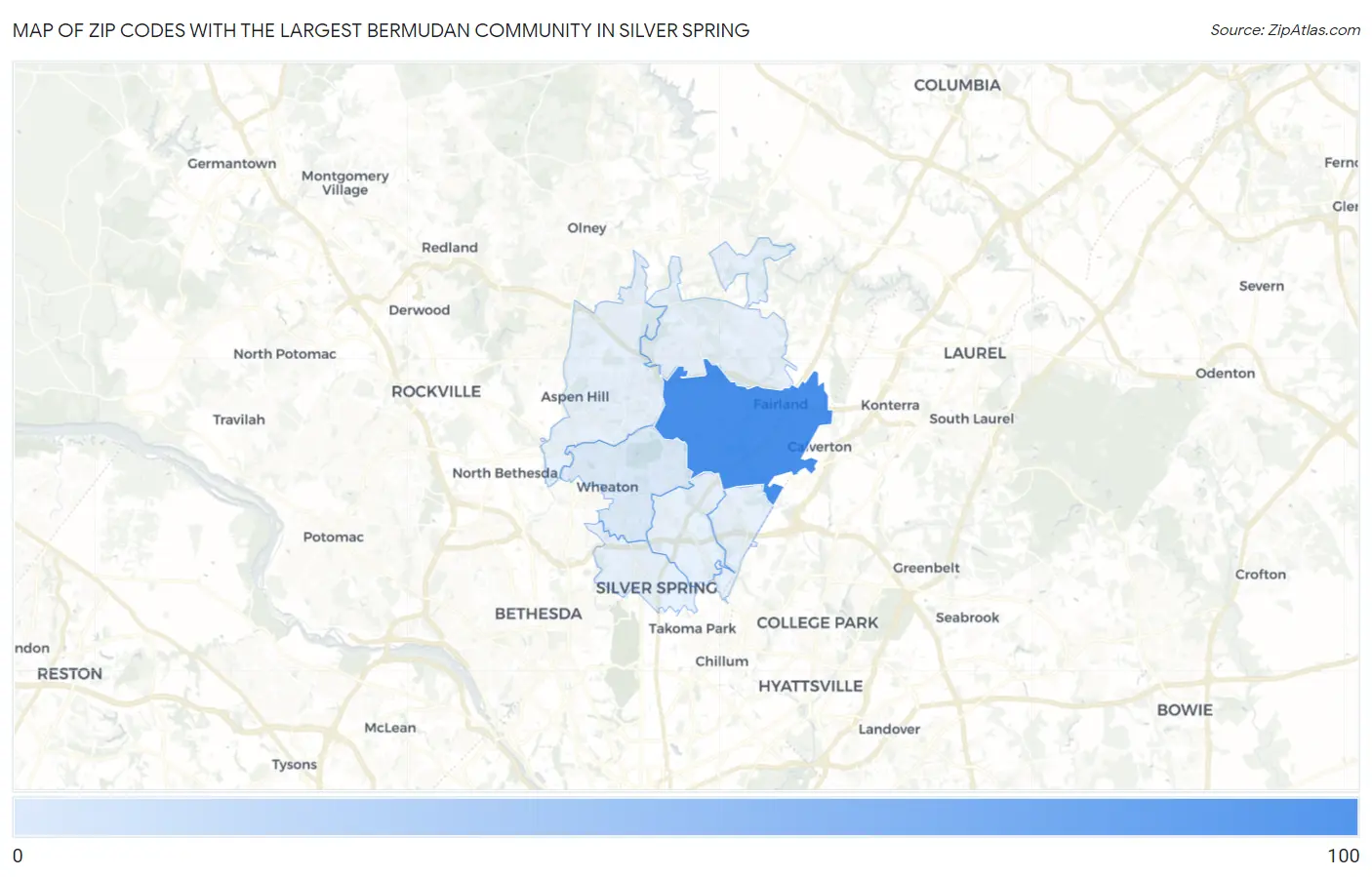 Zip Codes with the Largest Bermudan Community in Silver Spring Map