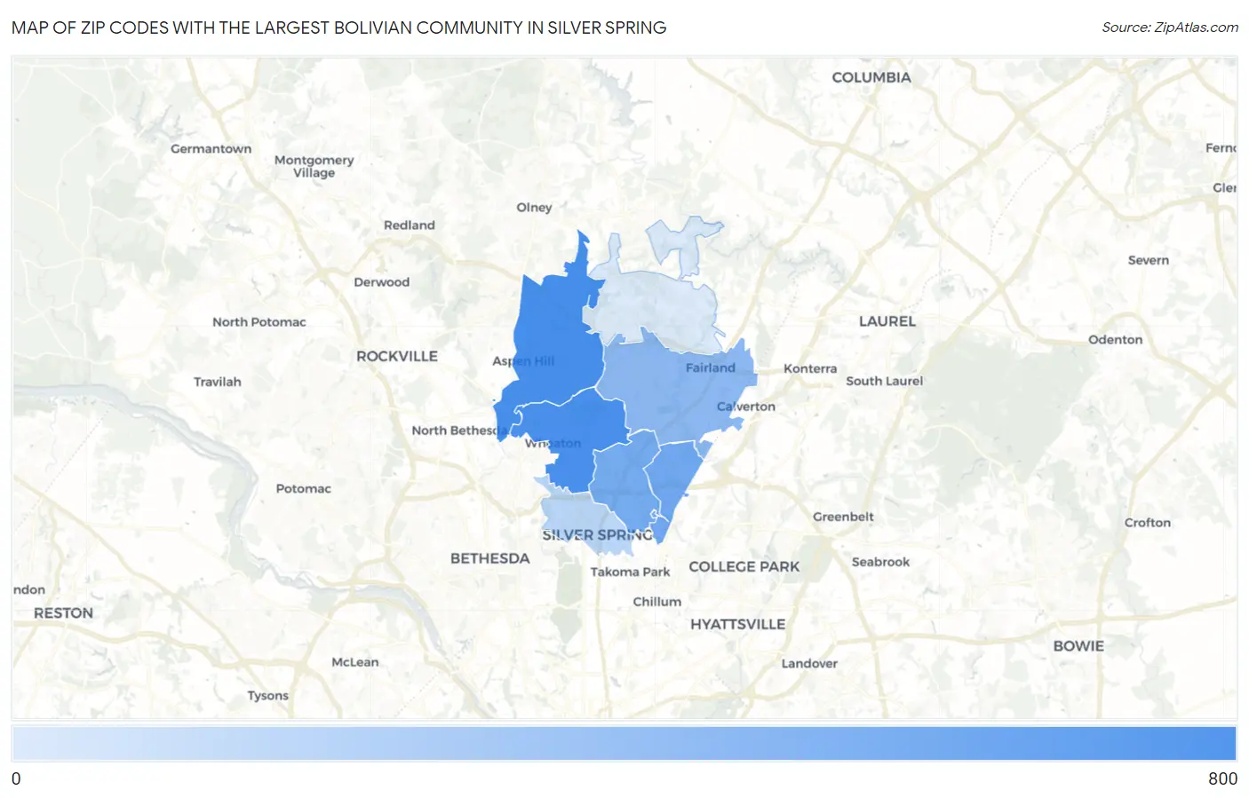 Zip Codes with the Largest Bolivian Community in Silver Spring Map