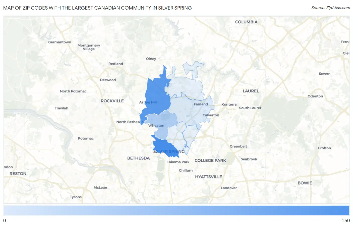 Zip Codes with the Largest Canadian Community in Silver Spring Map