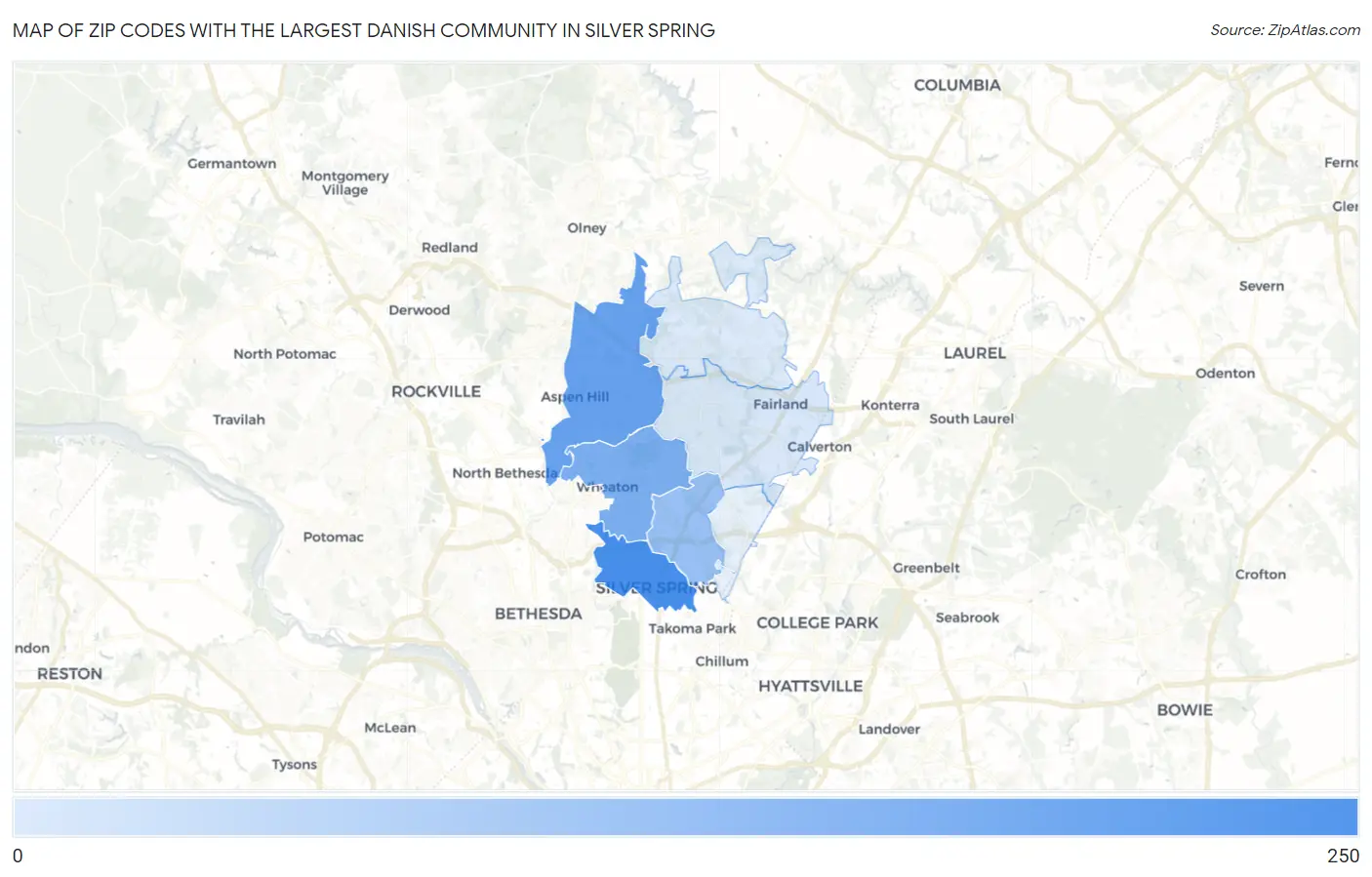 Zip Codes with the Largest Danish Community in Silver Spring Map