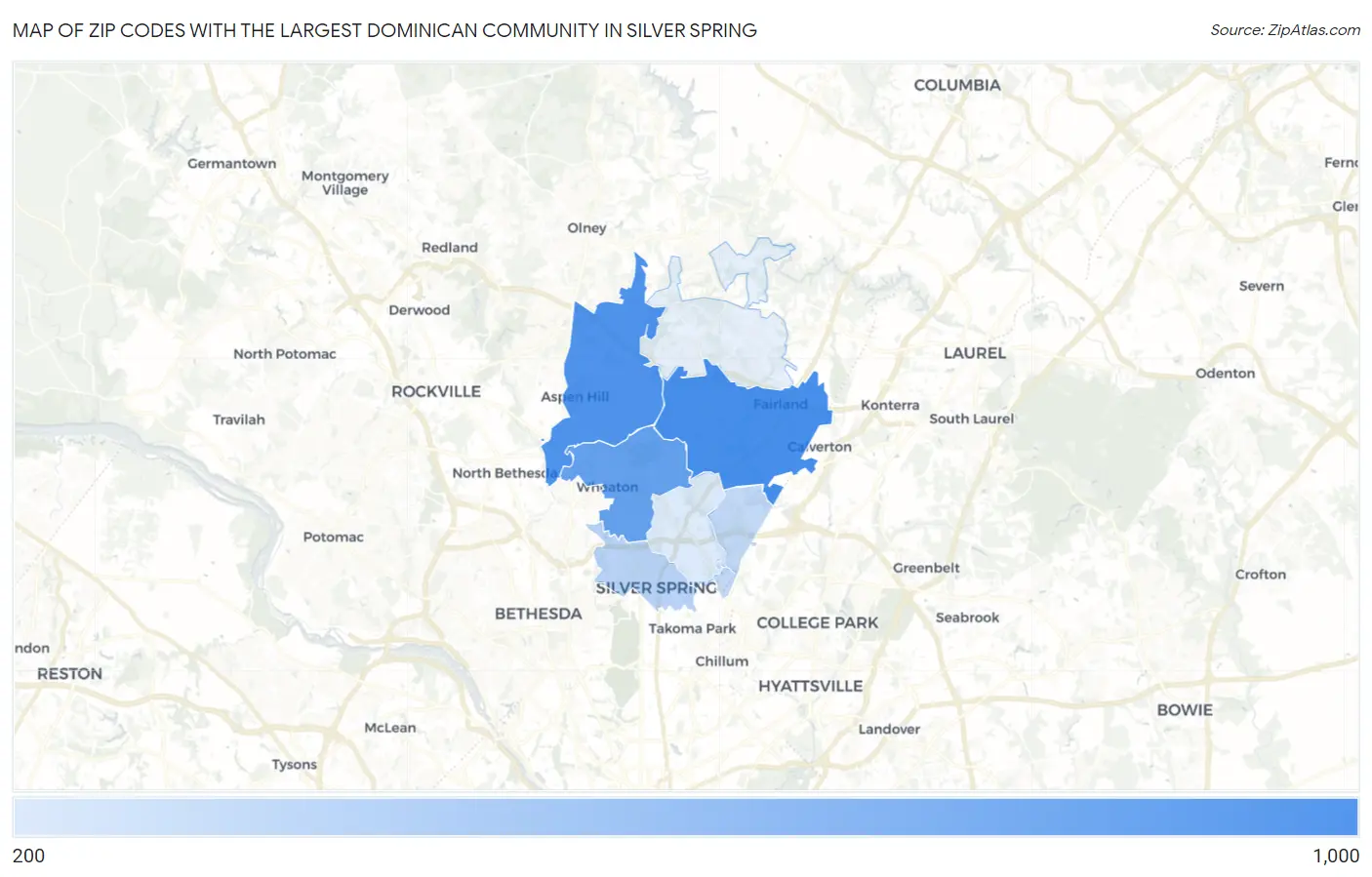 Zip Codes with the Largest Dominican Community in Silver Spring Map