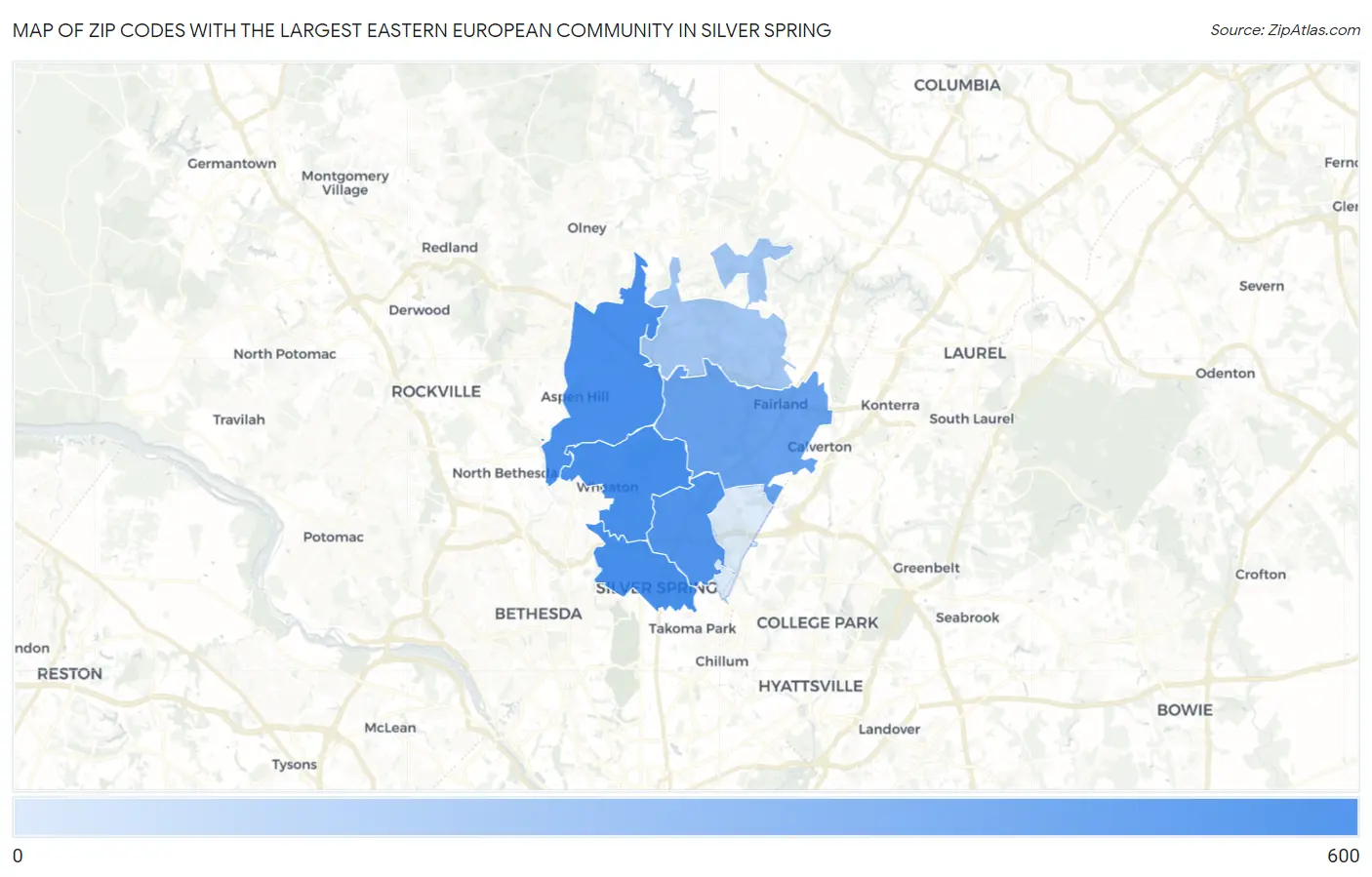 Zip Codes with the Largest Eastern European Community in Silver Spring Map