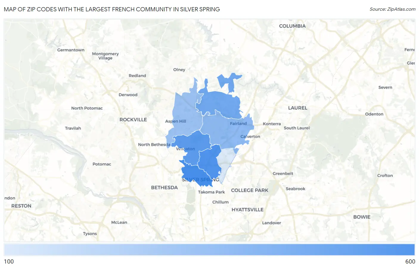 Zip Codes with the Largest French Community in Silver Spring Map