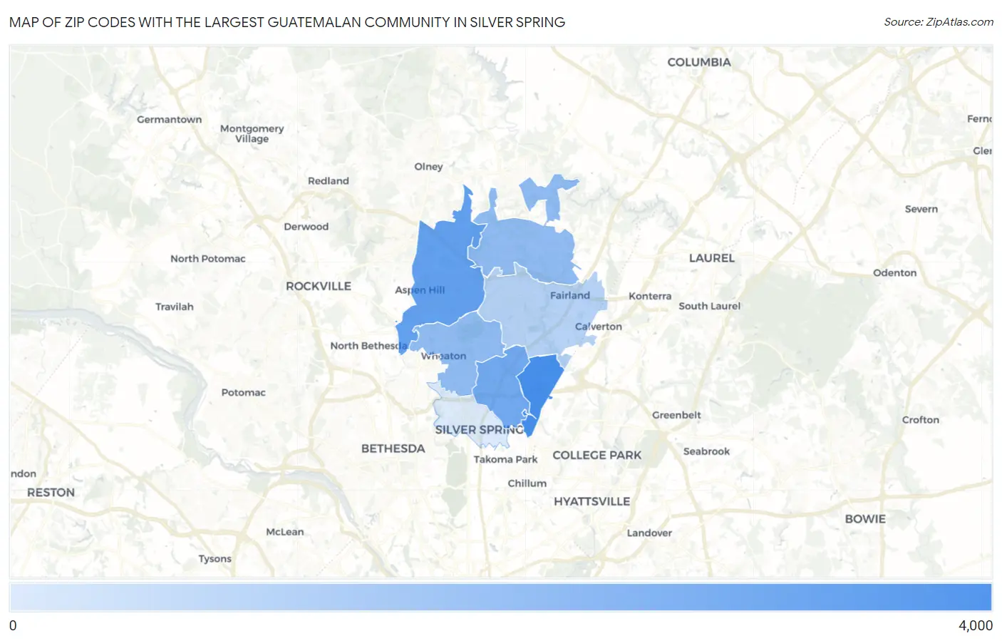 Zip Codes with the Largest Guatemalan Community in Silver Spring Map