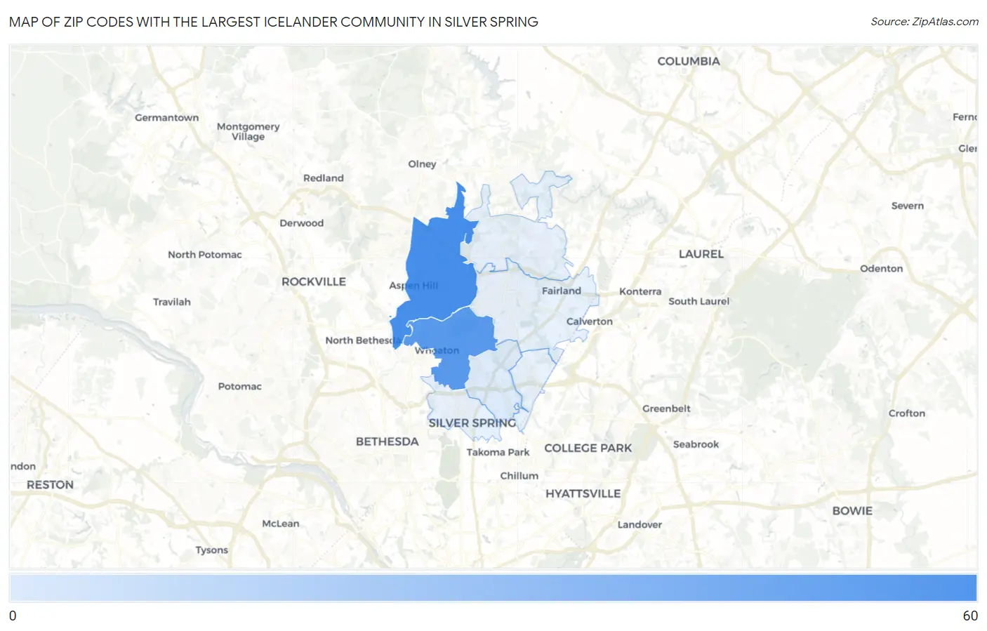 Zip Codes with the Largest Icelander Community in Silver Spring Map