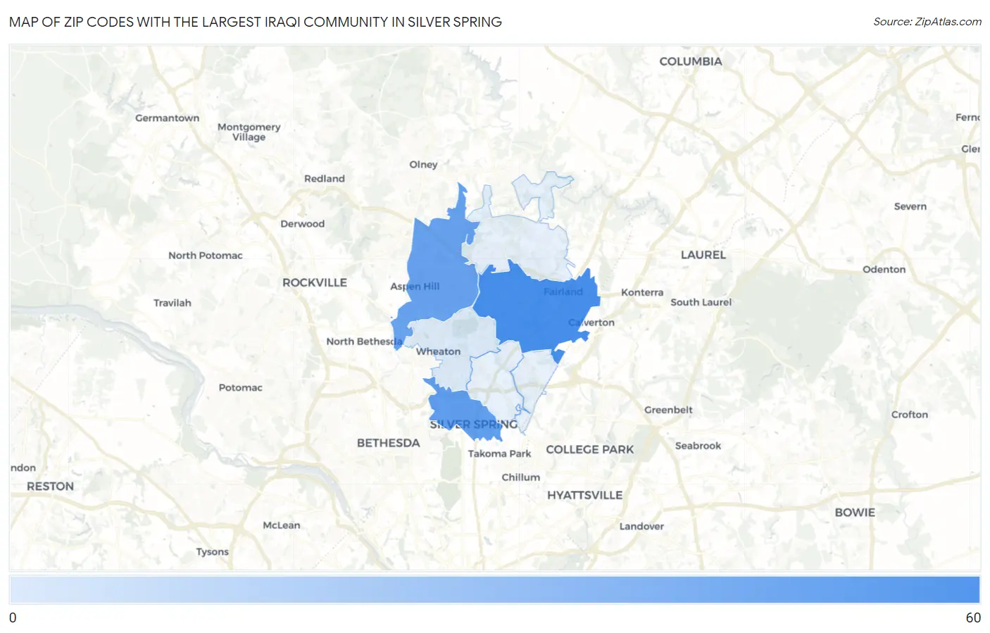 Zip Codes with the Largest Iraqi Community in Silver Spring Map