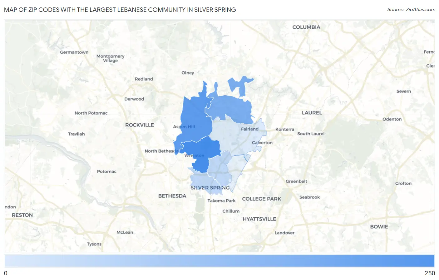 Zip Codes with the Largest Lebanese Community in Silver Spring Map