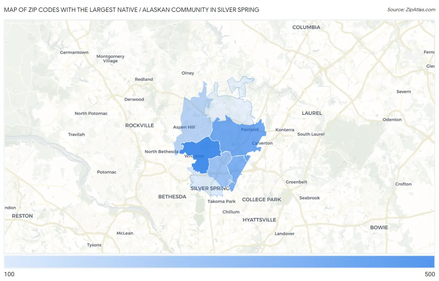 Zip Codes with the Largest Native / Alaskan Community in Silver Spring Map