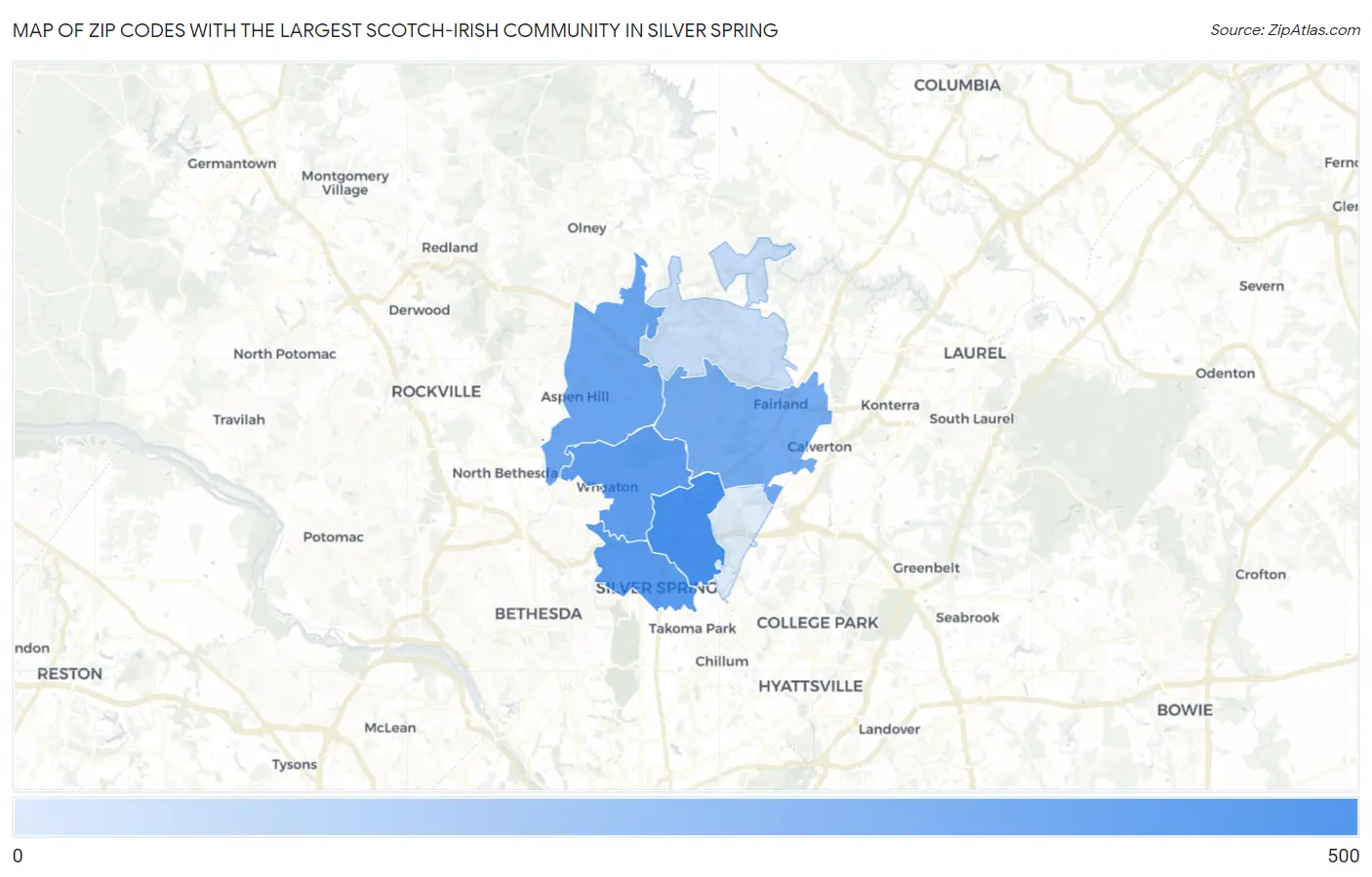 Zip Codes with the Largest Scotch-Irish Community in Silver Spring Map