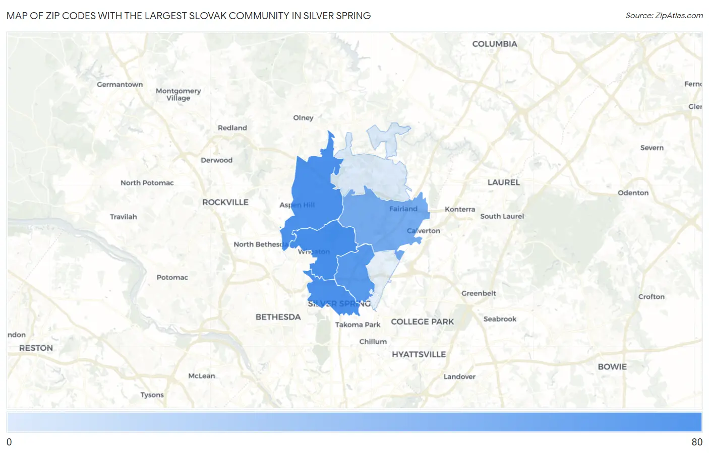Zip Codes with the Largest Slovak Community in Silver Spring Map