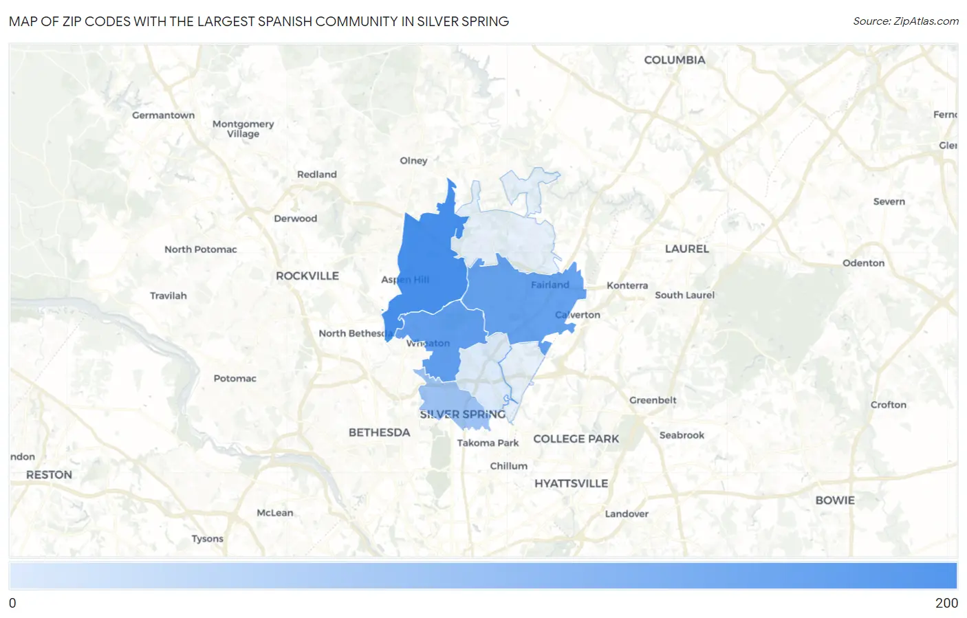 Zip Codes with the Largest Spanish Community in Silver Spring Map