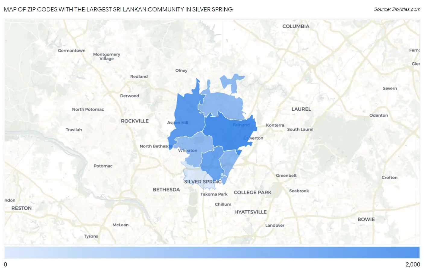 Zip Codes with the Largest Sri Lankan Community in Silver Spring Map