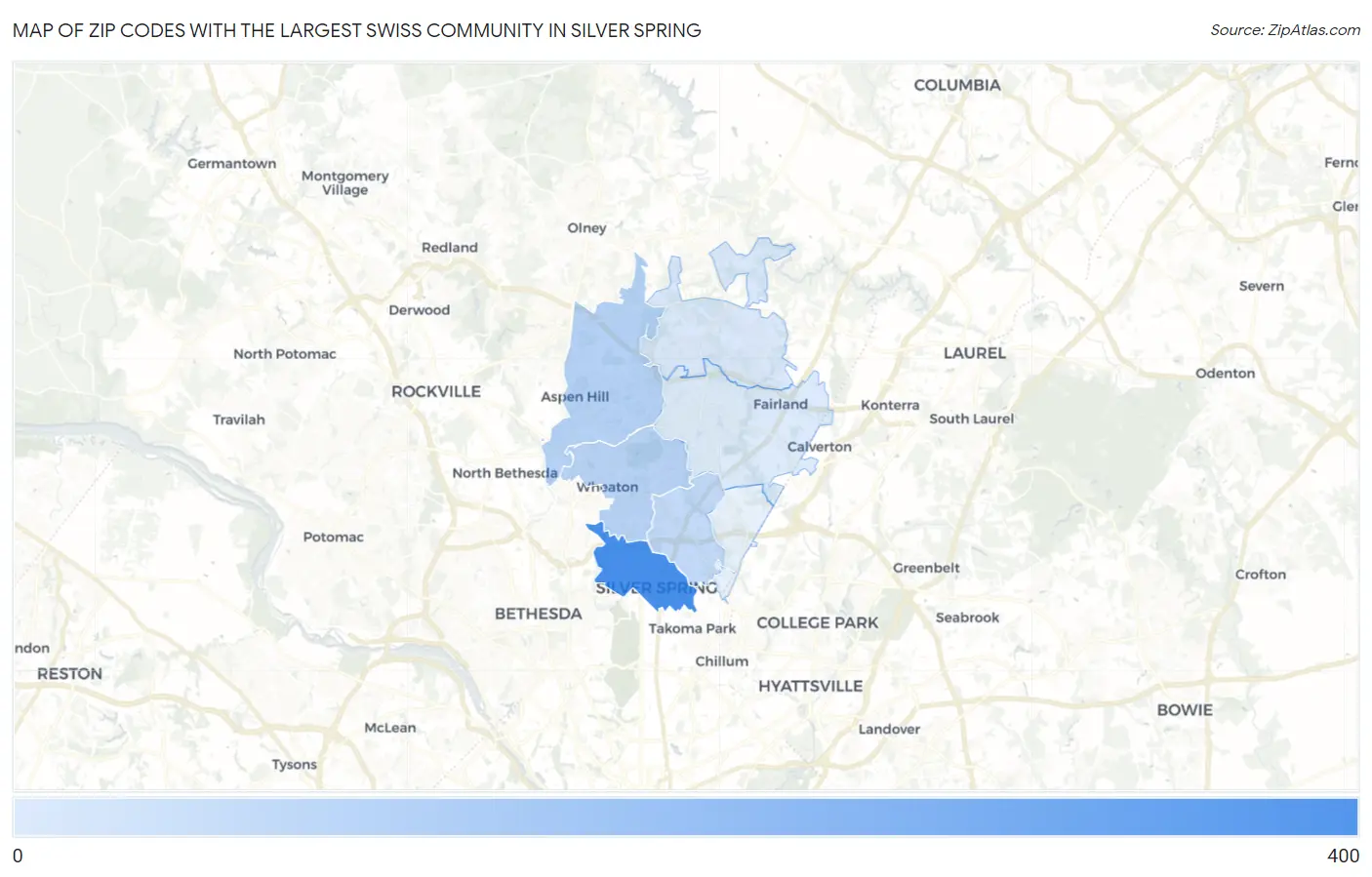 Zip Codes with the Largest Swiss Community in Silver Spring Map