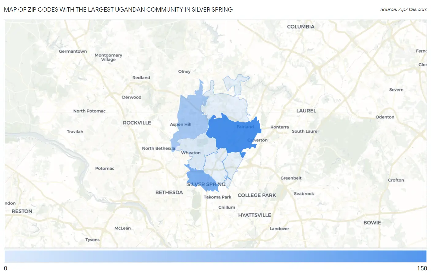 Zip Codes with the Largest Ugandan Community in Silver Spring Map