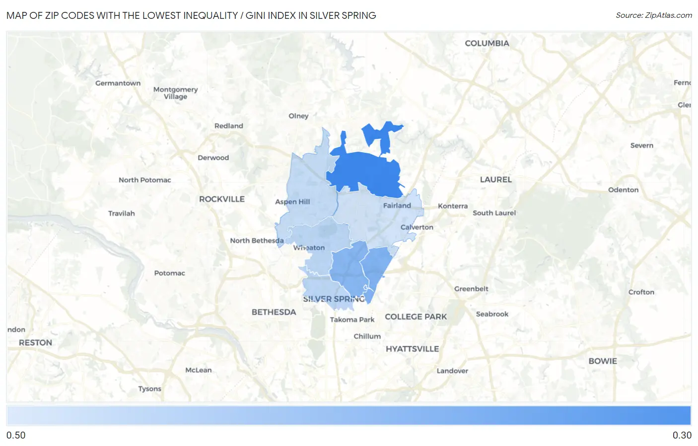 Zip Codes with the Lowest Inequality / Gini Index in Silver Spring Map