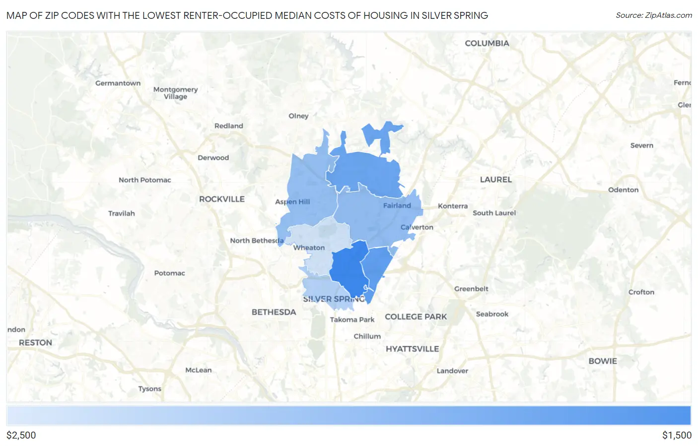 Zip Codes with the Lowest Renter-Occupied Median Costs of Housing in Silver Spring Map