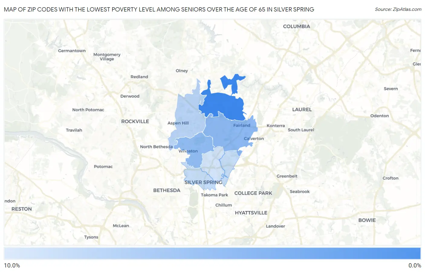 Zip Codes with the Lowest Poverty Level Among Seniors Over the Age of 65 in Silver Spring Map