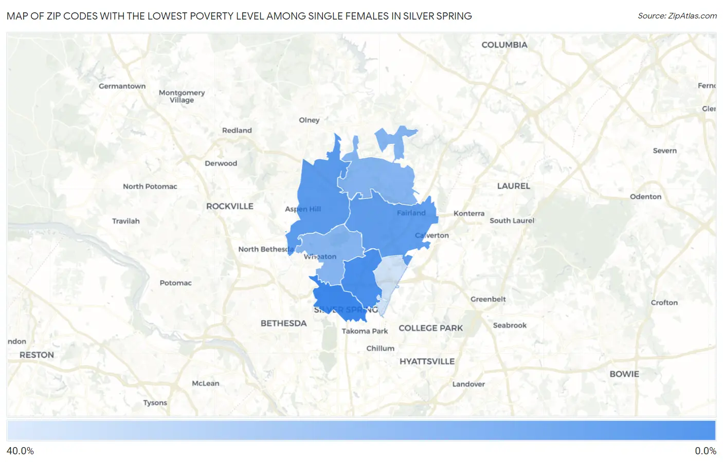 Zip Codes with the Lowest Poverty Level Among Single Females in Silver Spring Map