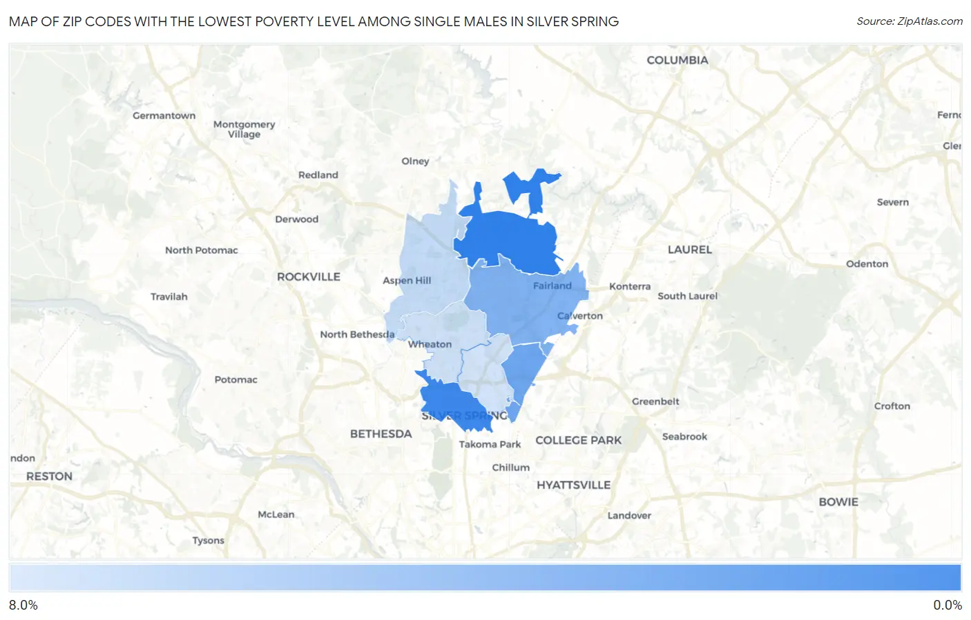 Zip Codes with the Lowest Poverty Level Among Single Males in Silver Spring Map