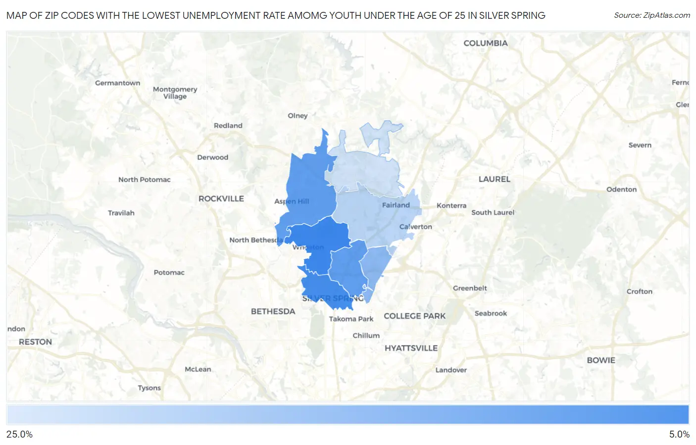 Zip Codes with the Lowest Unemployment Rate Amomg Youth Under the Age of 25 in Silver Spring Map