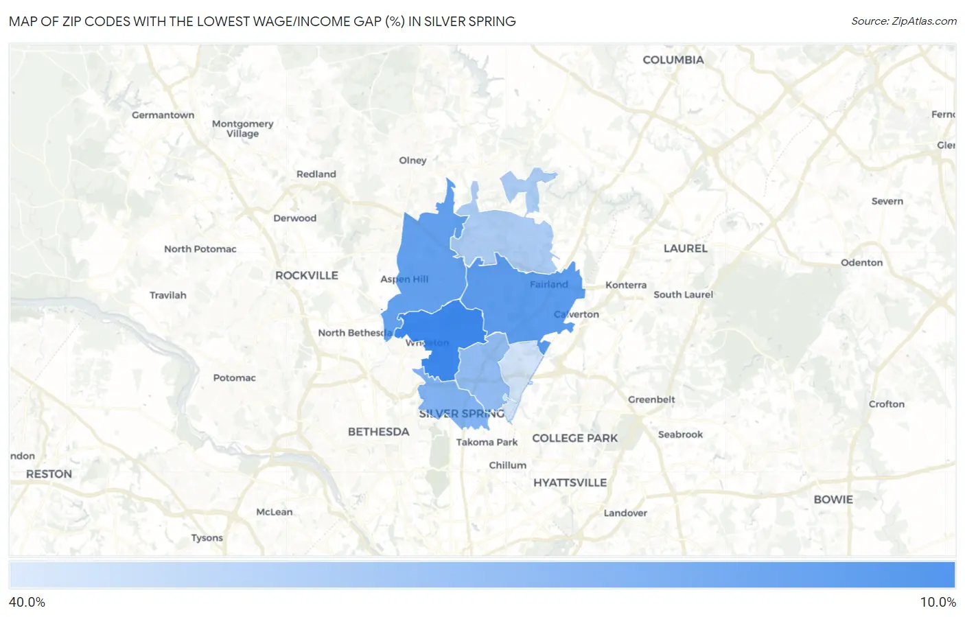Zip Codes with the Lowest Wage/Income Gap (%) in Silver Spring Map