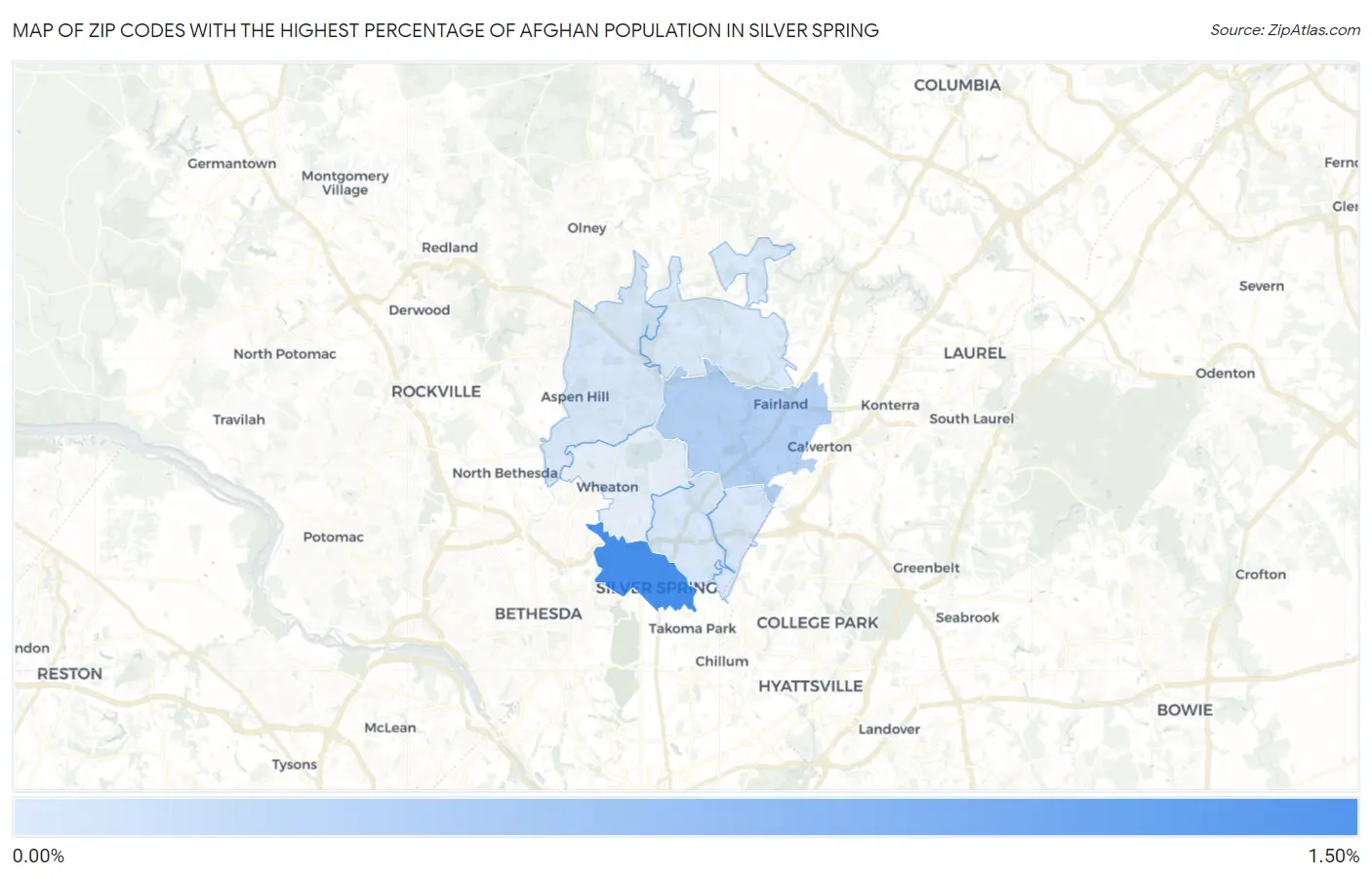 Zip Codes with the Highest Percentage of Afghan Population in Silver Spring Map