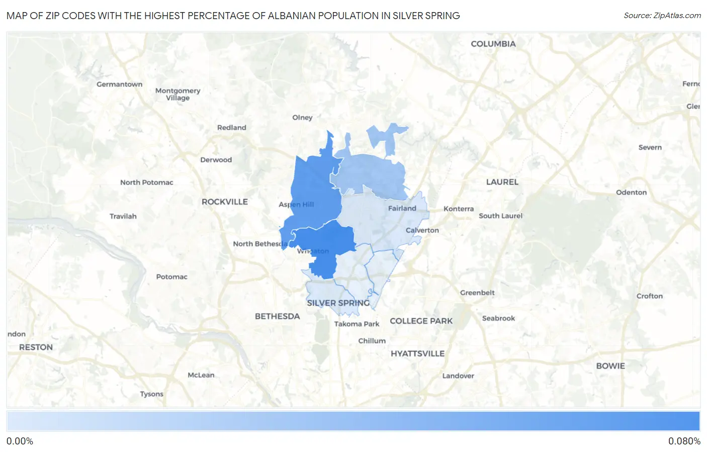Zip Codes with the Highest Percentage of Albanian Population in Silver Spring Map