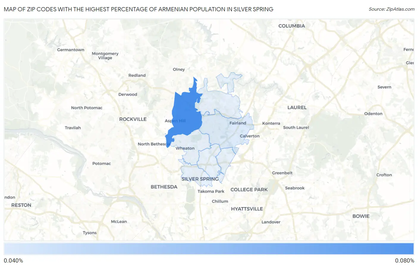 Zip Codes with the Highest Percentage of Armenian Population in Silver Spring Map