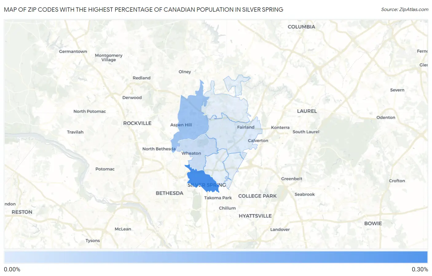 Zip Codes with the Highest Percentage of Canadian Population in Silver Spring Map