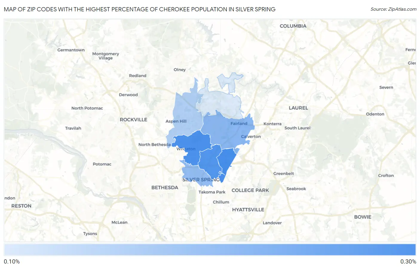 Zip Codes with the Highest Percentage of Cherokee Population in Silver Spring Map