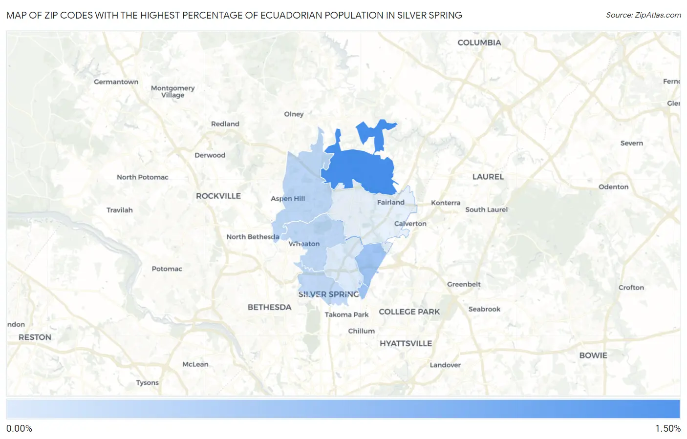 Zip Codes with the Highest Percentage of Ecuadorian Population in Silver Spring Map
