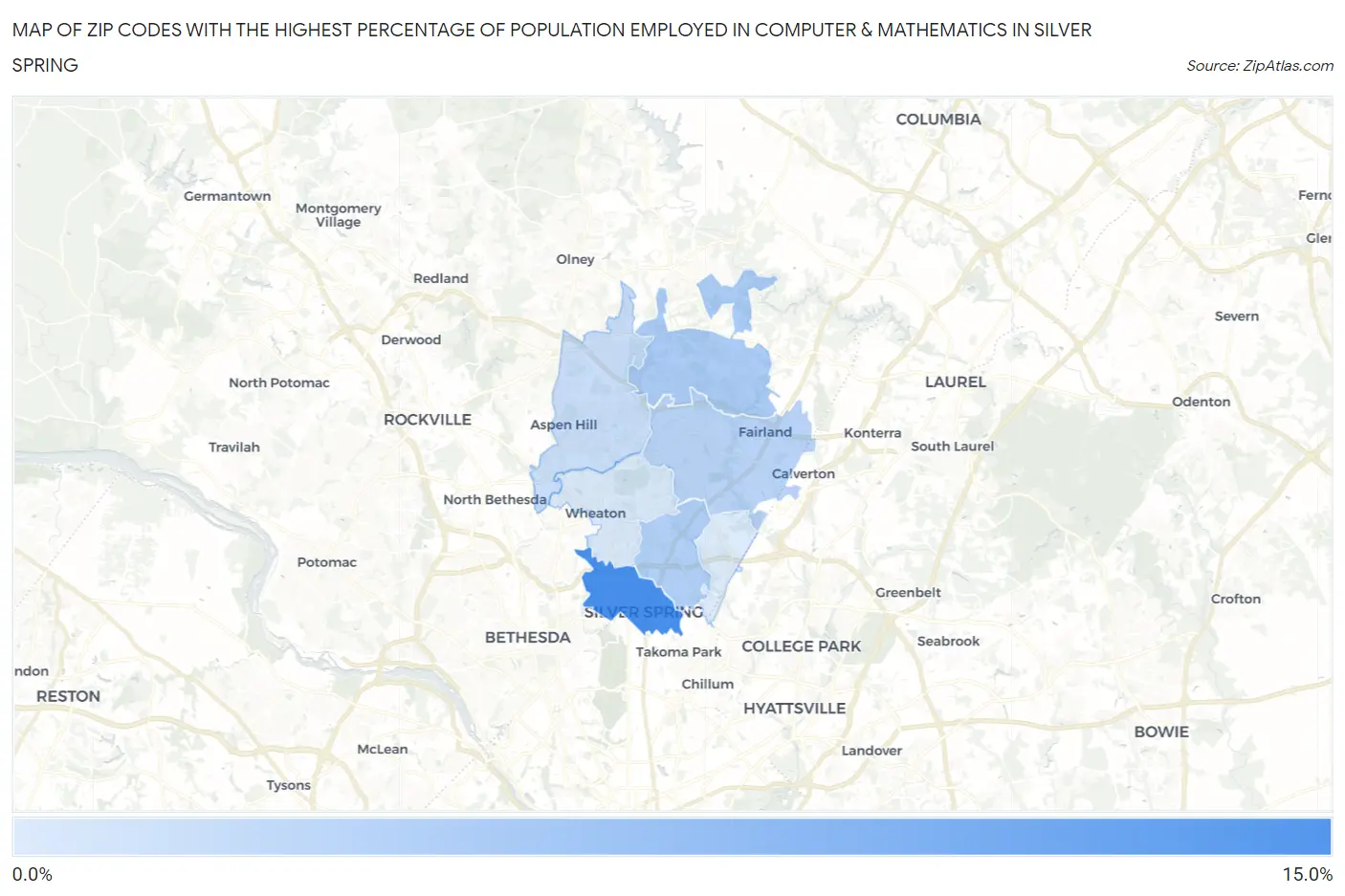 Zip Codes with the Highest Percentage of Population Employed in Computer & Mathematics in Silver Spring Map