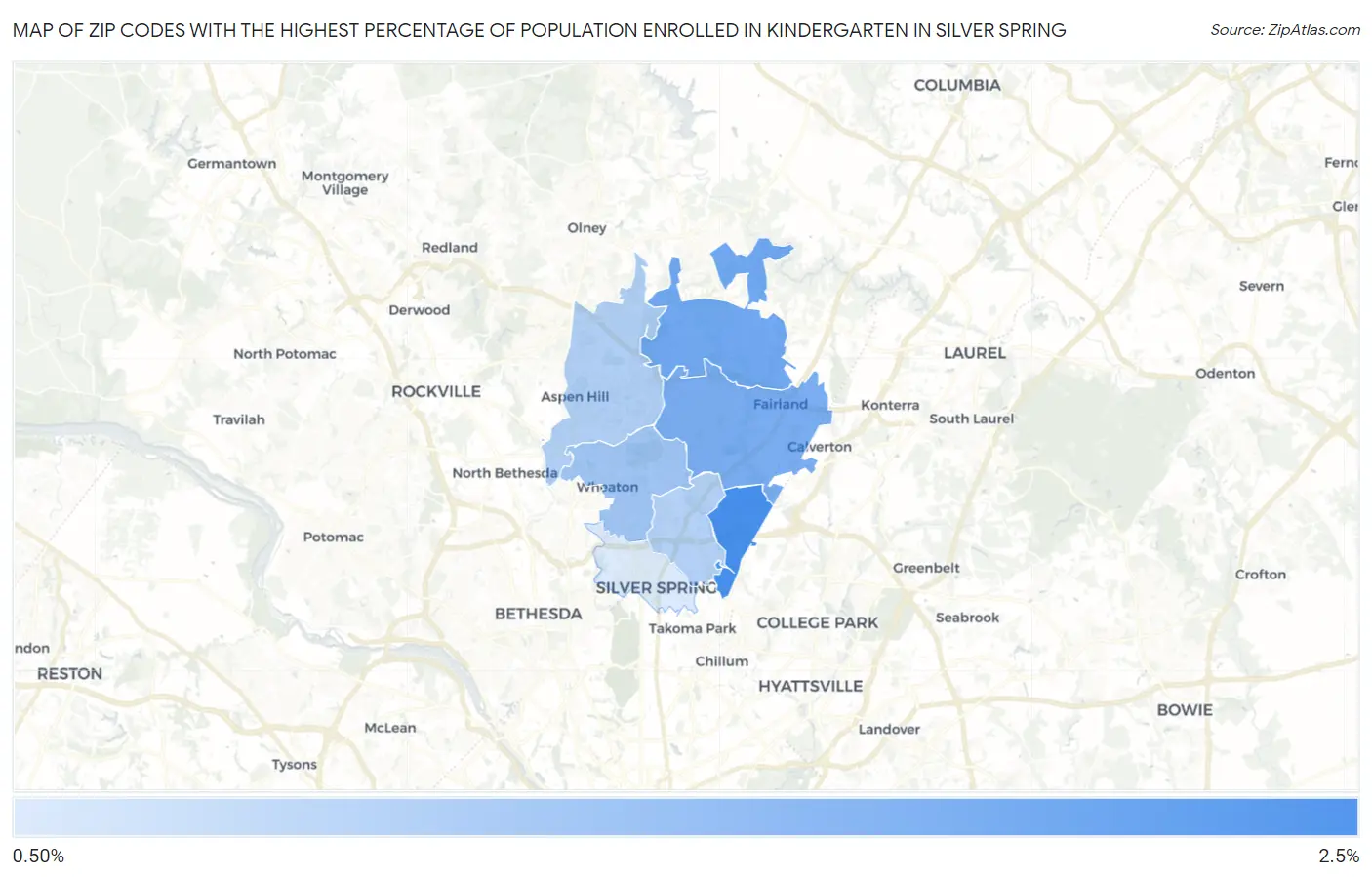 Zip Codes with the Highest Percentage of Population Enrolled in Kindergarten in Silver Spring Map