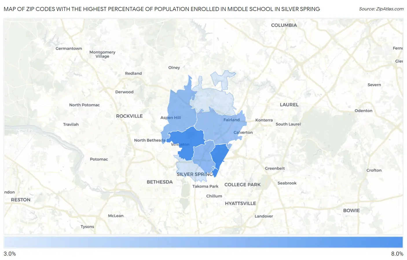 Zip Codes with the Highest Percentage of Population Enrolled in Middle School in Silver Spring Map
