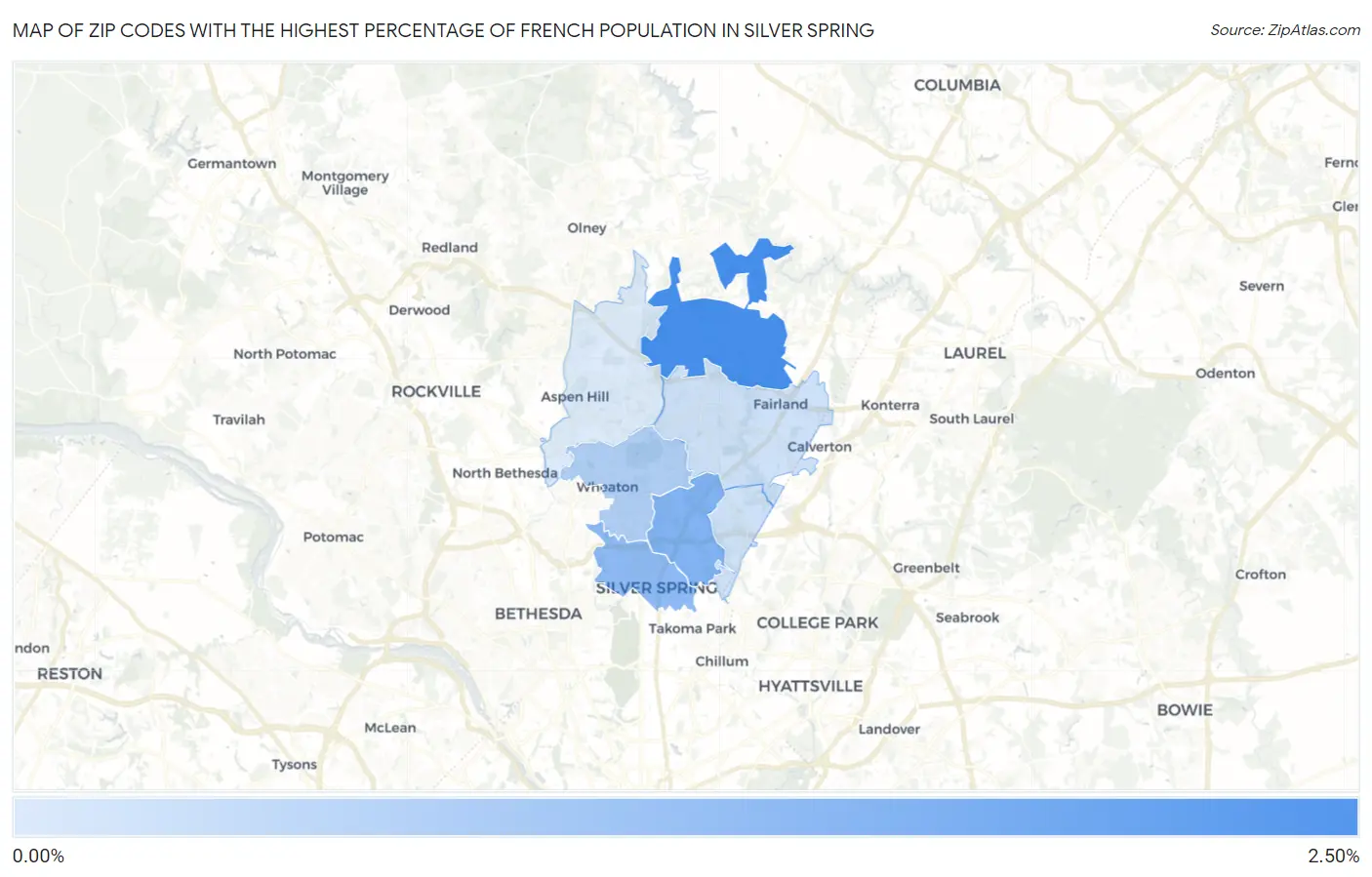 Zip Codes with the Highest Percentage of French Population in Silver Spring Map