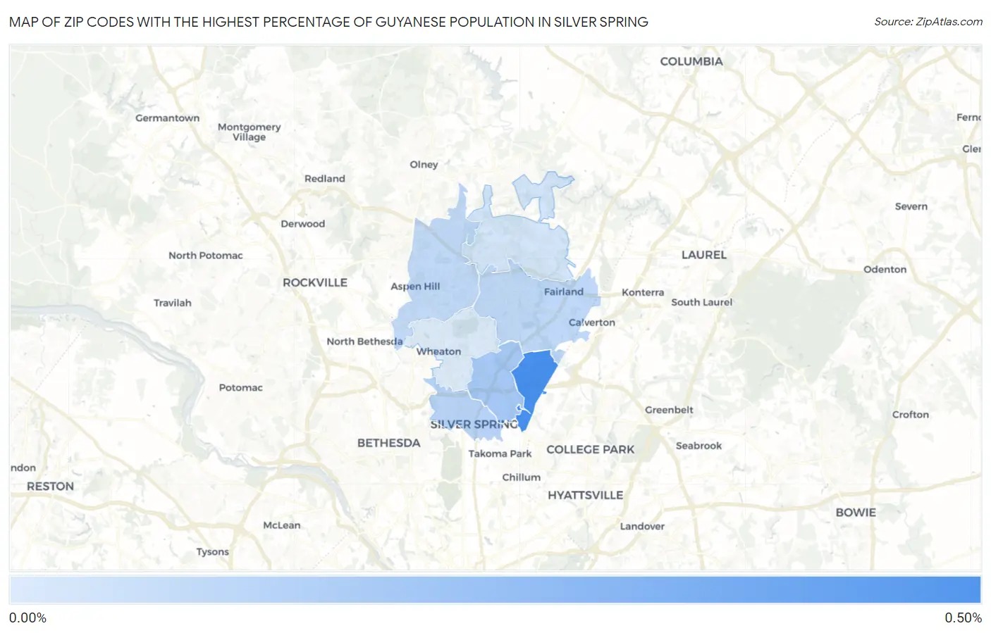 Zip Codes with the Highest Percentage of Guyanese Population in Silver Spring Map