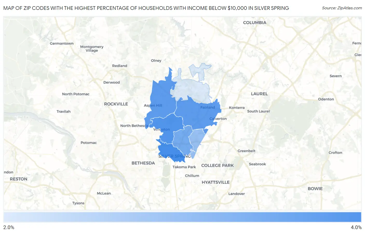Zip Codes with the Highest Percentage of Households with Income Below $10,000 in Silver Spring Map