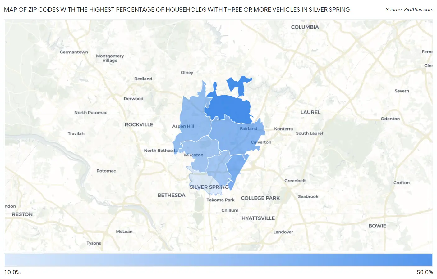 Zip Codes with the Highest Percentage of Households With Three or more Vehicles in Silver Spring Map