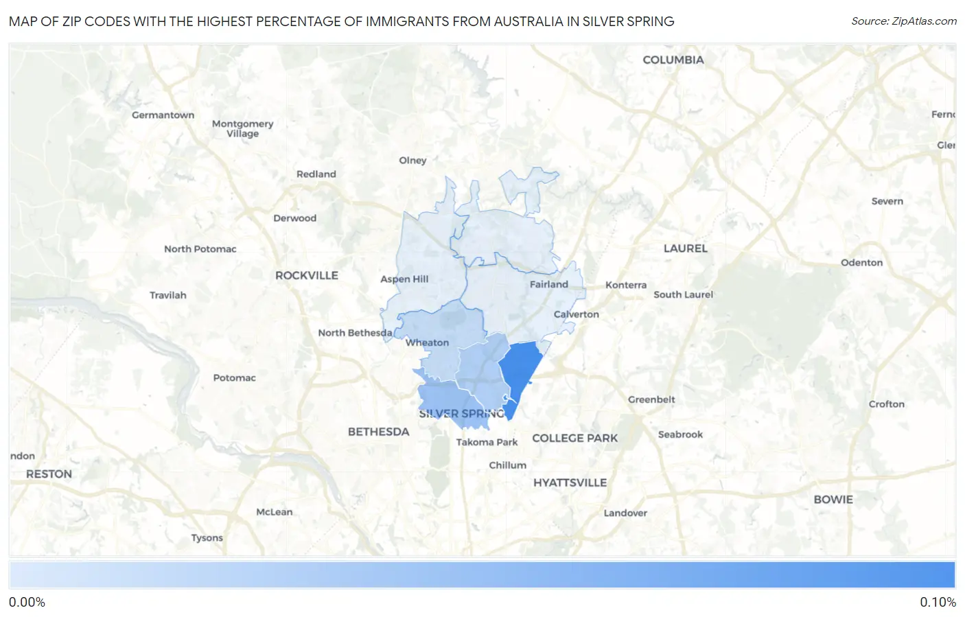 Zip Codes with the Highest Percentage of Immigrants from Australia in Silver Spring Map