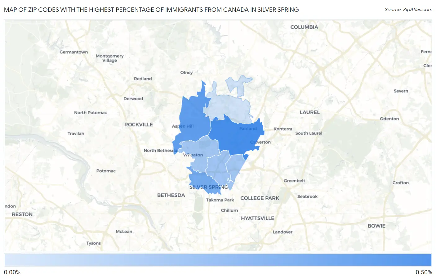Zip Codes with the Highest Percentage of Immigrants from Canada in Silver Spring Map