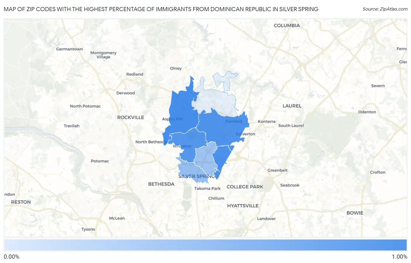 Zip Codes with the Highest Percentage of Immigrants from Dominican Republic in Silver Spring Map