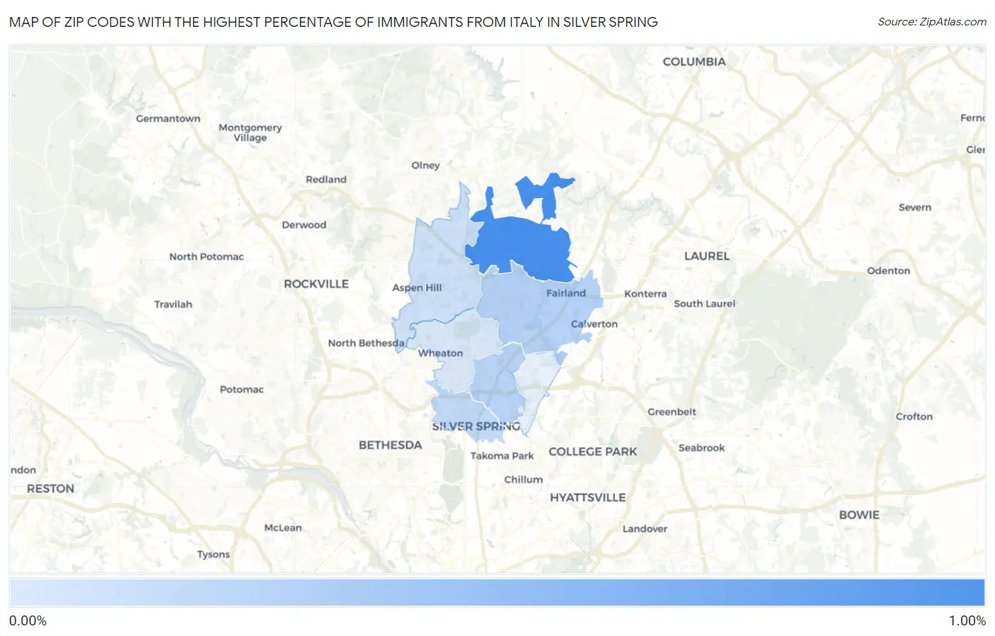 Zip Codes with the Highest Percentage of Immigrants from Italy in Silver Spring Map