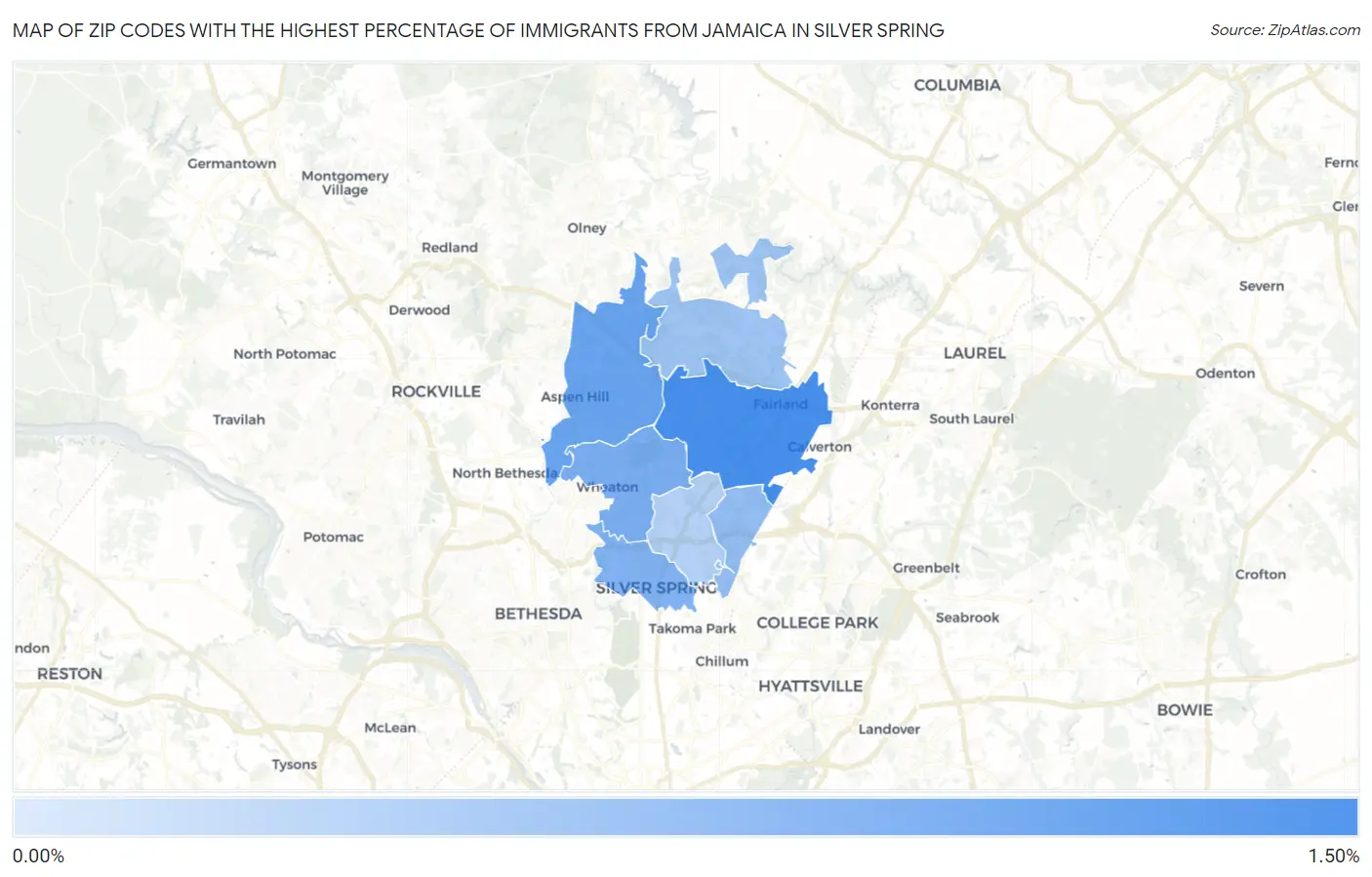 Zip Codes with the Highest Percentage of Immigrants from Jamaica in Silver Spring Map