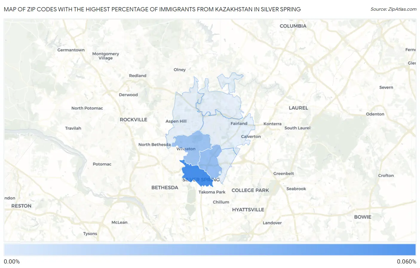 Zip Codes with the Highest Percentage of Immigrants from Kazakhstan in Silver Spring Map